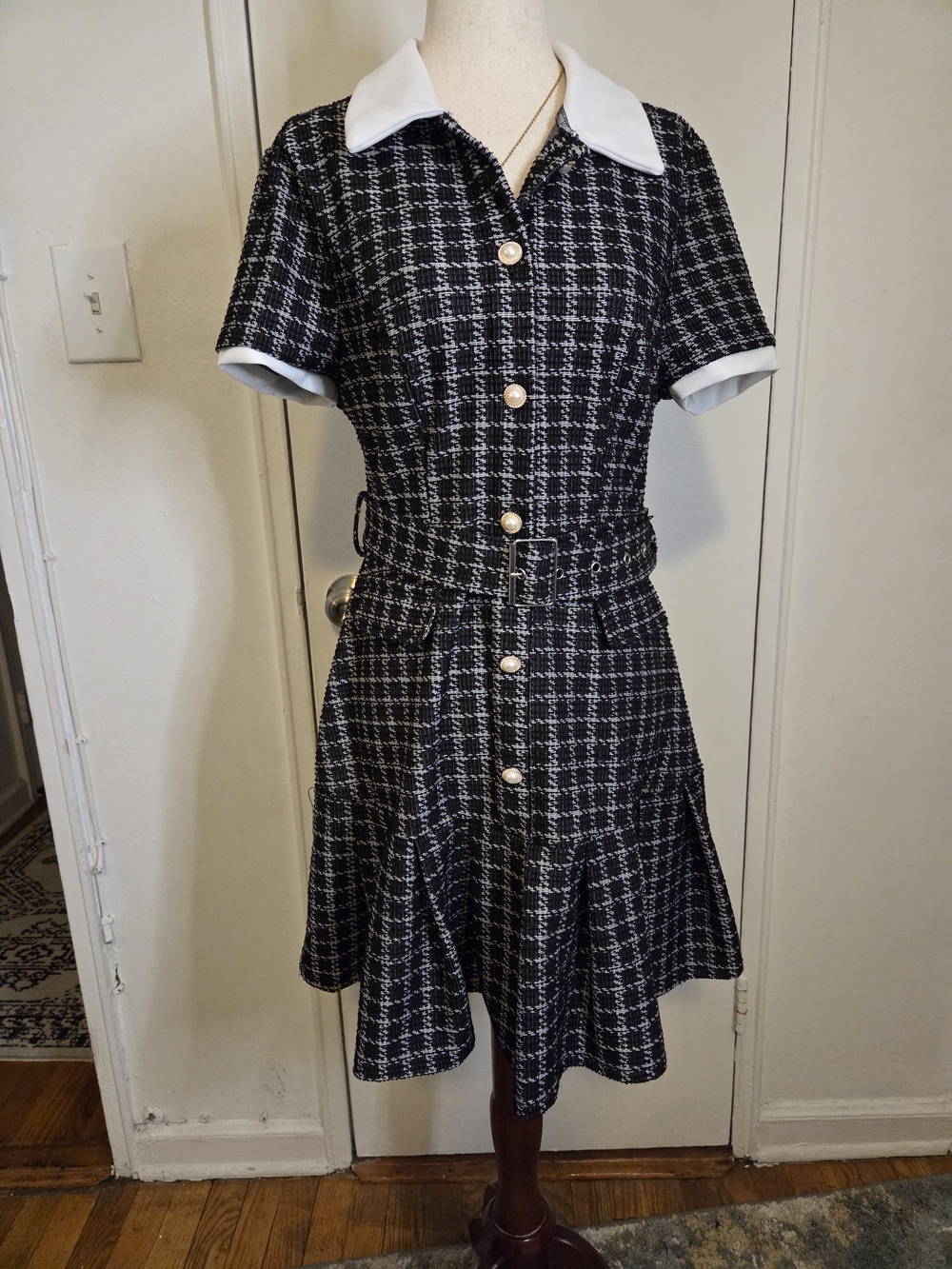 SHEIN Black & White Tweed Belted Midi Dress with Pearl Buttons